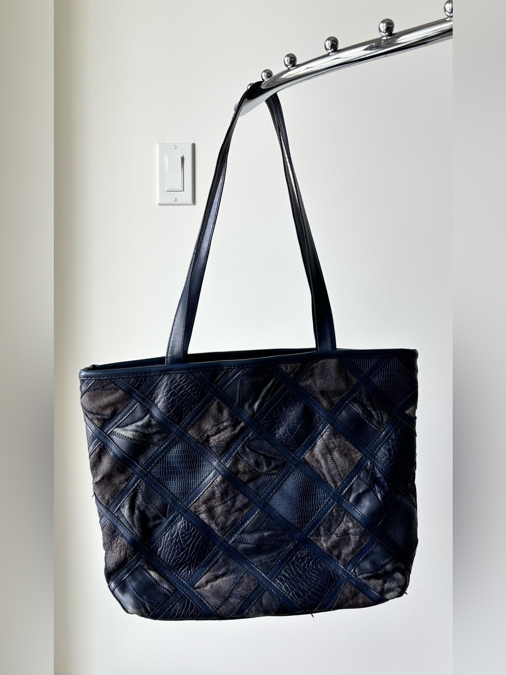 Leather / Suede Patchwork Shoulder Bag - Navy Blue